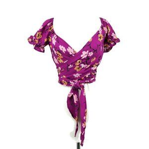 New Flynn Skye Annabelle Wrap Top Womens XS Berry Kiss Magenta Floral Rayon